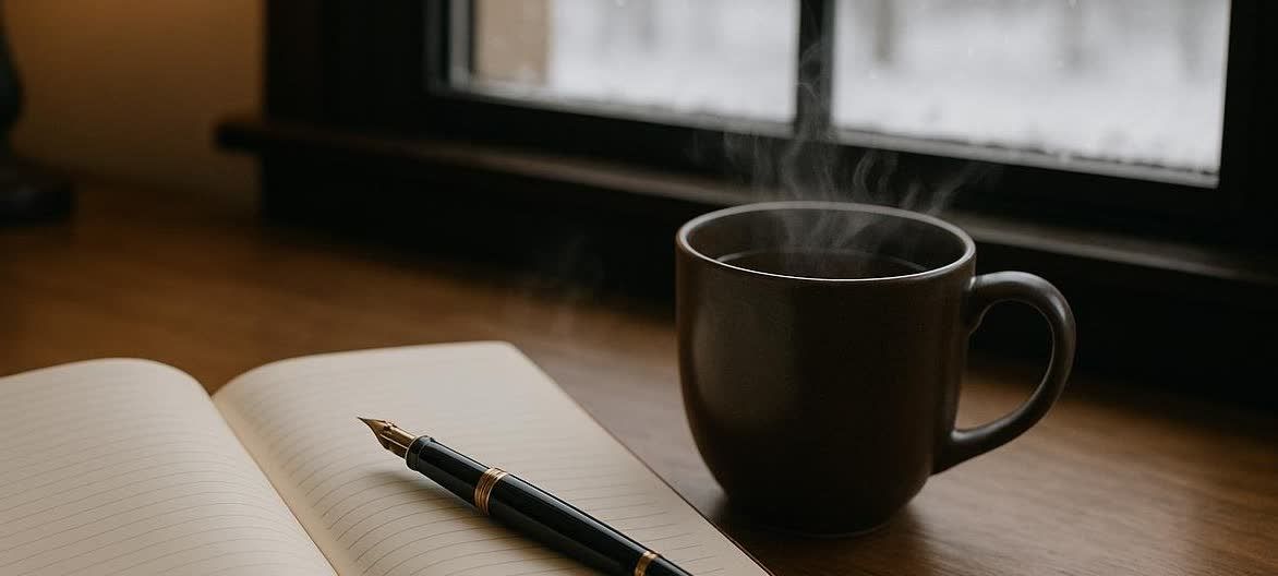A close-up shot of a steaming mug of coffee next to an open journal with a fountain pen on a wooden desk, bathed in light from a window showing a snowy scene outside.