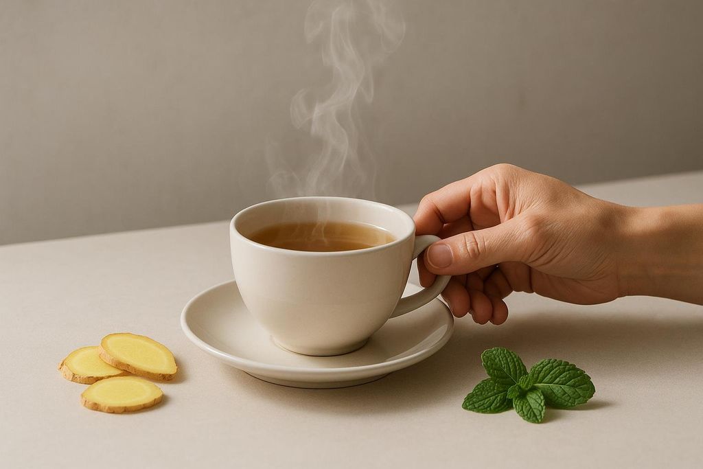 A hand holds a steaming cup of tea next to slices of fresh ginger and a sprig of mint.