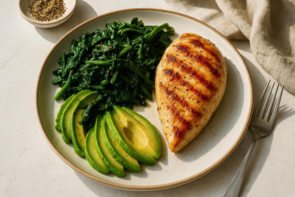A close-up of a plate with a grilled chicken breast, a serving of sautéed spinach, and sliced avocado, viewed from above.