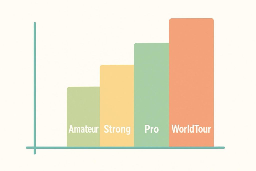A colorful bar chart illustrating different cycling performance levels: Amateur, Strong, Pro, and WorldTour. Each level is represented by an increasing bar height and a different color, suggesting a progression in skill or achievement.
