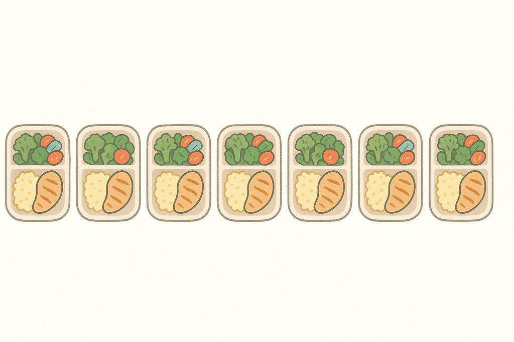 An illustration showing seven identical meal prep containers arranged in a row, each filled with what appears to be grilled chicken, mashed potatoes, and a mix of broccoli and cherry tomatoes. This represents a weekly meal plan.