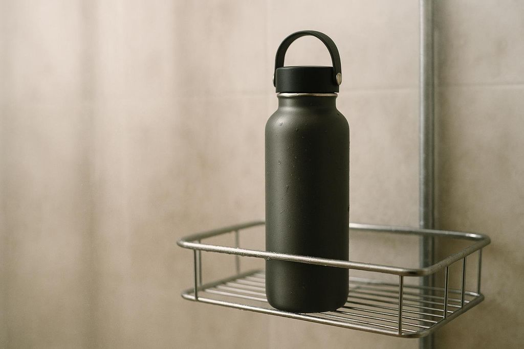 A close-up shot of a dark water bottle with condensation on a metal shower rack.