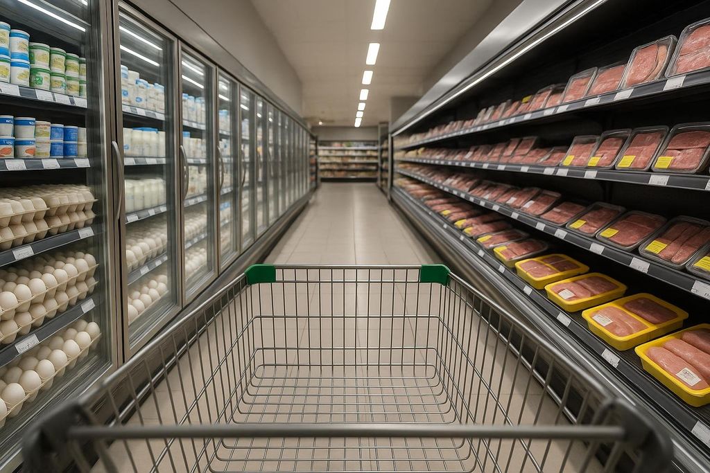 A shopper's point-of-view of a grocery store aisle, with a shopping cart in the foreground. Refrigerated cases containing eggs, milk, and dairy products line the left, while shelves of packaged meats fill the right.