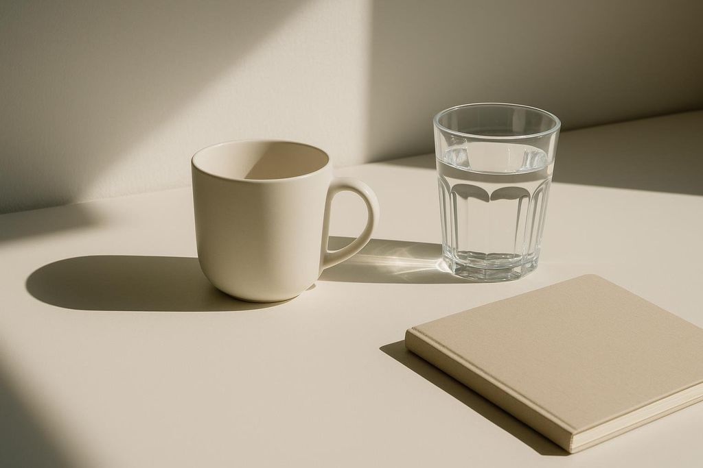 A beige desktop scene with an empty cream-colored mug, a glass of water, and a matching beige notebook, all casting long shadows from bright mid-morning sunlight.