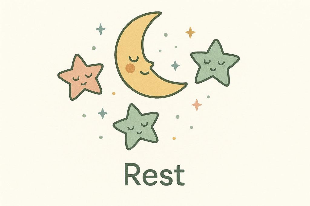 An illustration showing a sleeping crescent moon and three sleeping stars, with the word 'Rest' written below. The moon is yellow with a light orange cheek. One star is peach-colored, and two are green. Small dots and crosses are scattered around the moon and stars, all set against a light cream background.