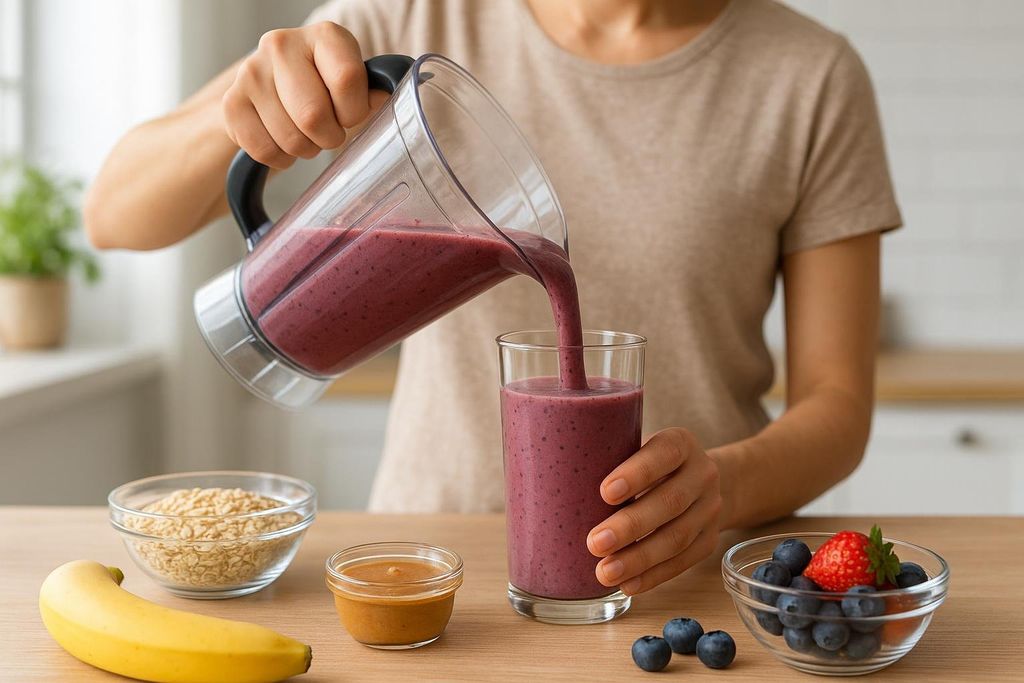 Person pouring a vibrant purple smoothie from a blender into a glass. In the foreground are ingredients: a banana, a bowl of oats, peanut butter, and a bowl of blueberries and strawberries.