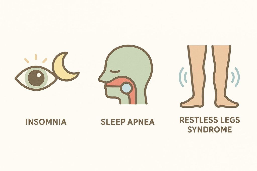 A set of three icons representing common perimenopause sleep disorders: insomnia (an eye next to a crescent moon with light rays), sleep apnea (a cross-section of a head showing an obstructed airway), and restless legs syndrome (two legs with motion lines).