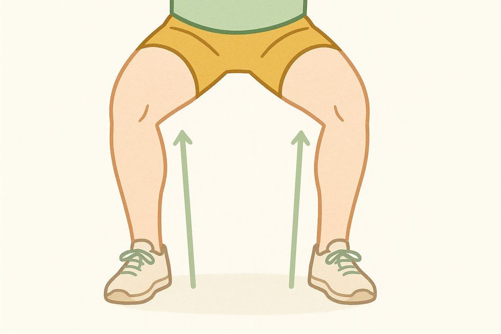 Illustration demonstrating correct knee alignment for exercises: toes tracking directly over the toes at the bottom of a squat or lunge.