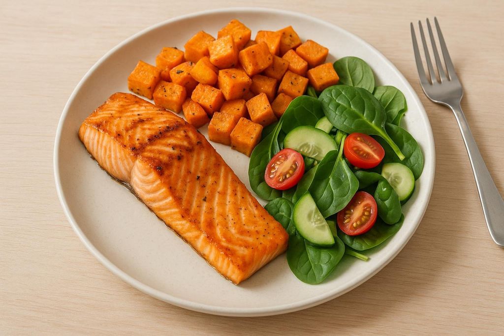 A healthy meal on a white plate consisting of a seasoned salmon fillet, cubed sweet potatoes, and a fresh spinach salad with cucumber slices and halved cherry tomatoes. A silver fork is visible on the right side of the plate.