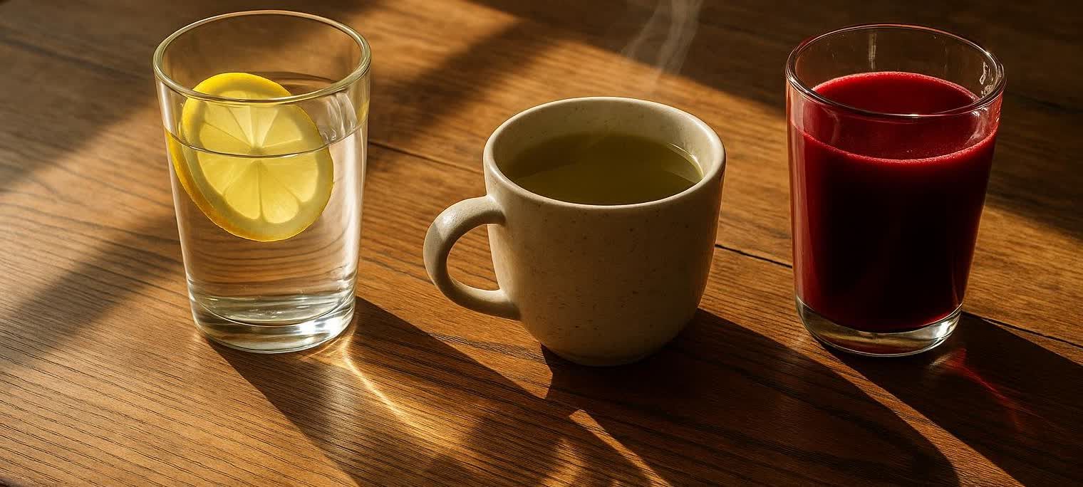 A rustic wooden table displaying a glass of water with a lemon slice, a steaming mug of green tea, and a glass of dark red beetroot juice, all illuminated by morning light.
