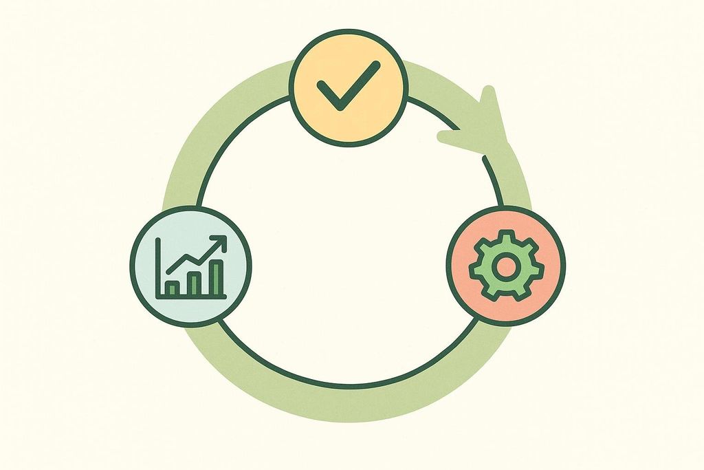 Illustration of a feedback loop with icons for tracking, testing, and tweaking progress featuring a bar chart, a checkmark, and a gear.