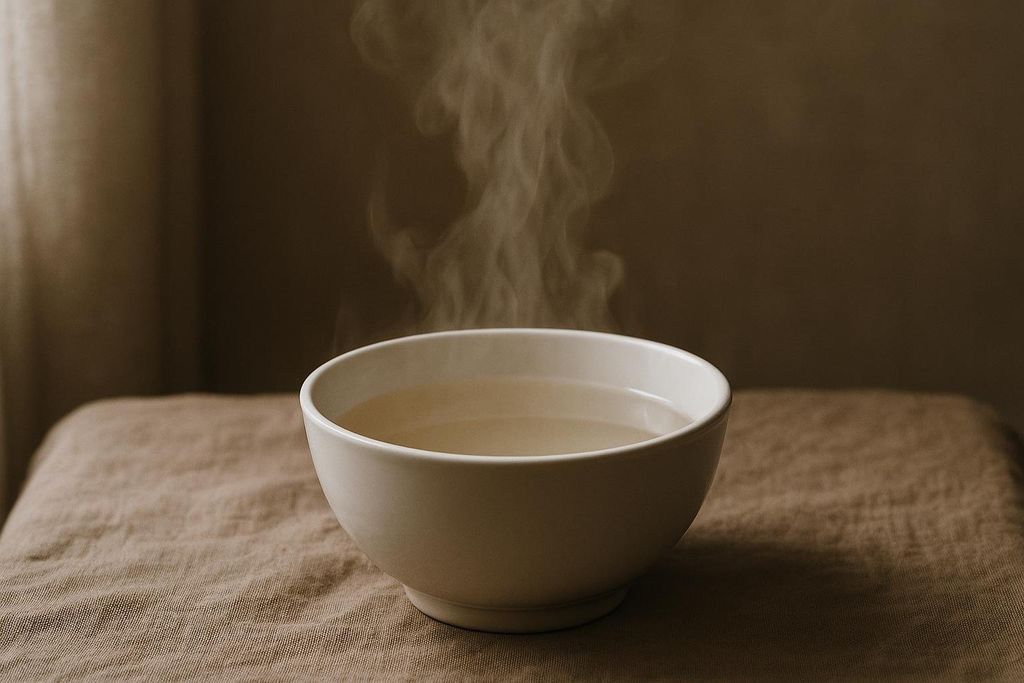 A white bowl filled with warm, clear water sits on a light brown linen cloth, with steam rising visibly from the water.