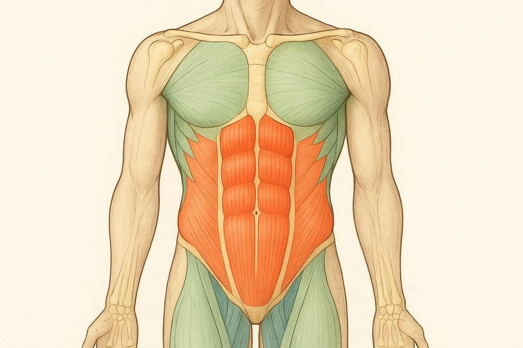 An anatomical diagram showing the muscles of a human torso, highlighting the abdominal muscles (rectus abdominis and obliques) in red-orange, and other muscles like the pectorals, deltoids, and hip flexors in green, along with skeletal outlines of the shoulders and arms. This highlights the primary muscles worked in a hanging leg raise: the abdominals and obliques, and the assisting hip flexors.