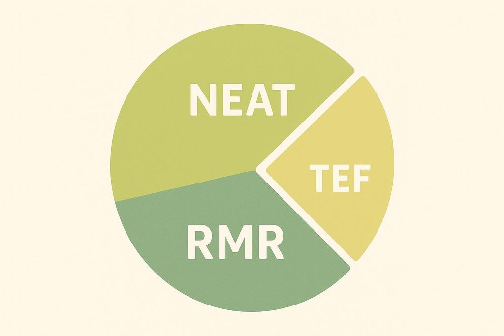 A pie chart showing three components: NEAT (Non-exercise activity thermogenesis), RMR (Resting metabolic rate), and TEF (Thermic effect of food). NEAT takes up the largest portion (light green), RMR is the second largest (darker green), and TEF is the smallest (yellow).