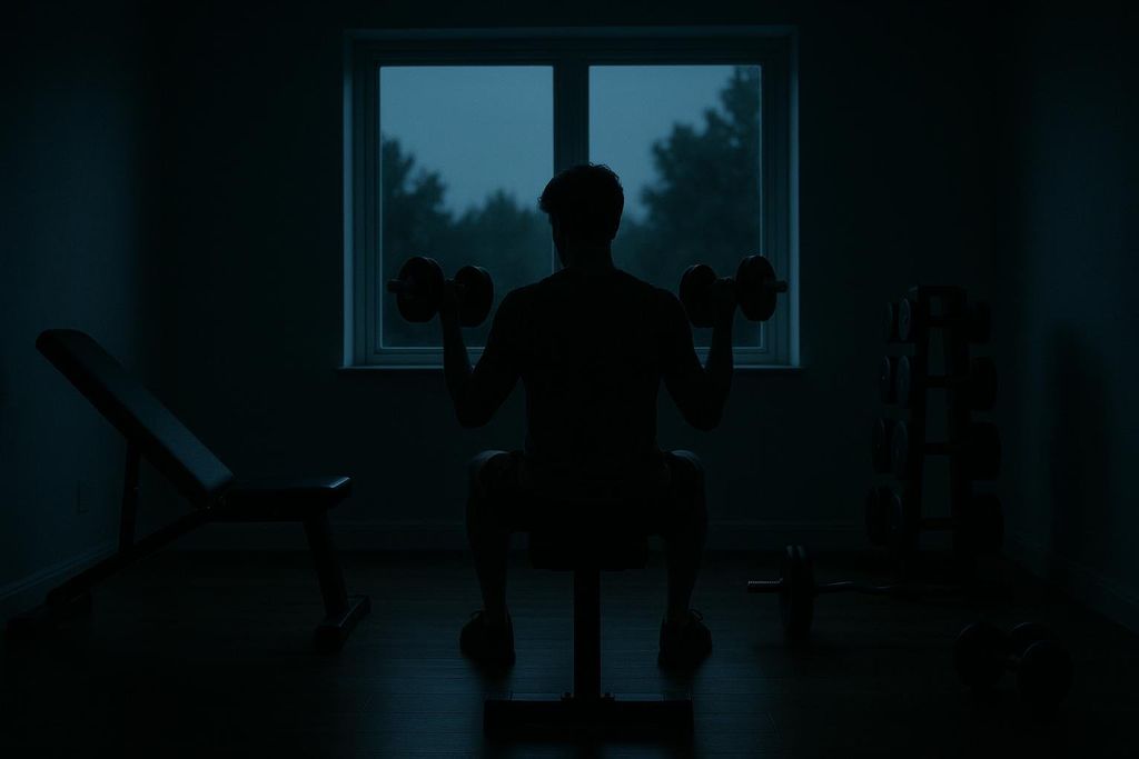 A silhouetted person lifts dumbbells in a dimly lit room with a window showing a dark, early morning or late night sky. Exercise equipment is visible around them.