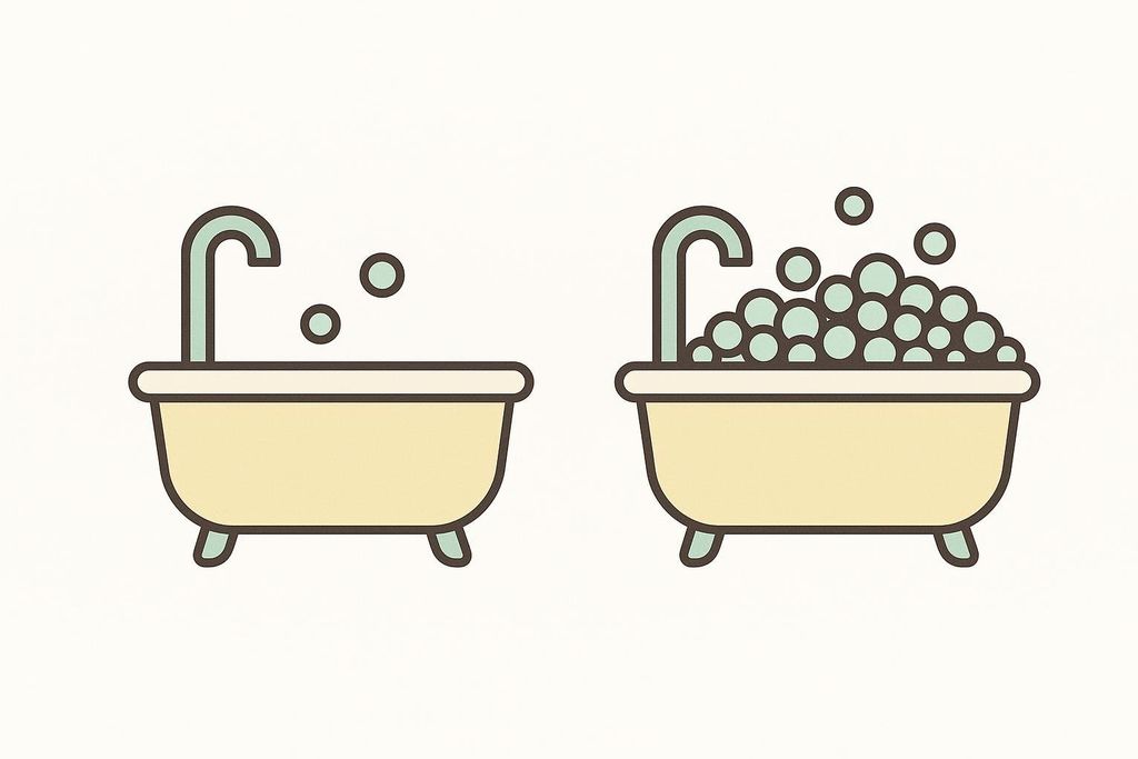 Illustration comparing two bathtubs. The bathtub on the left has only a few bubbles, representing a low concentration of hydrogen. The bathtub on the right is full of bubbles, representing a high concentration of hydrogen.