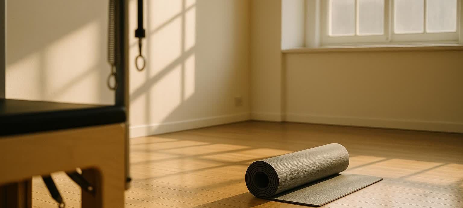A serene Pilates studio with light-colored walls and a wooden floor. A rolled-up gray exercise mat lies on the floor, illuminated by natural light streaming through a window. To the left, part of a Pilates reformer with a wooden base and black cushioning is visible.