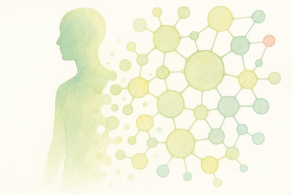 An abstract illustration showing a human silhouette composed of watercolor washes of green and yellow, fading into a network of interconnected circular nodes representing cellular structures or molecular bonds. The nodes are also in similar watercolor hues, with one node appearing slightly reddish, suggesting a medical or biological theme.