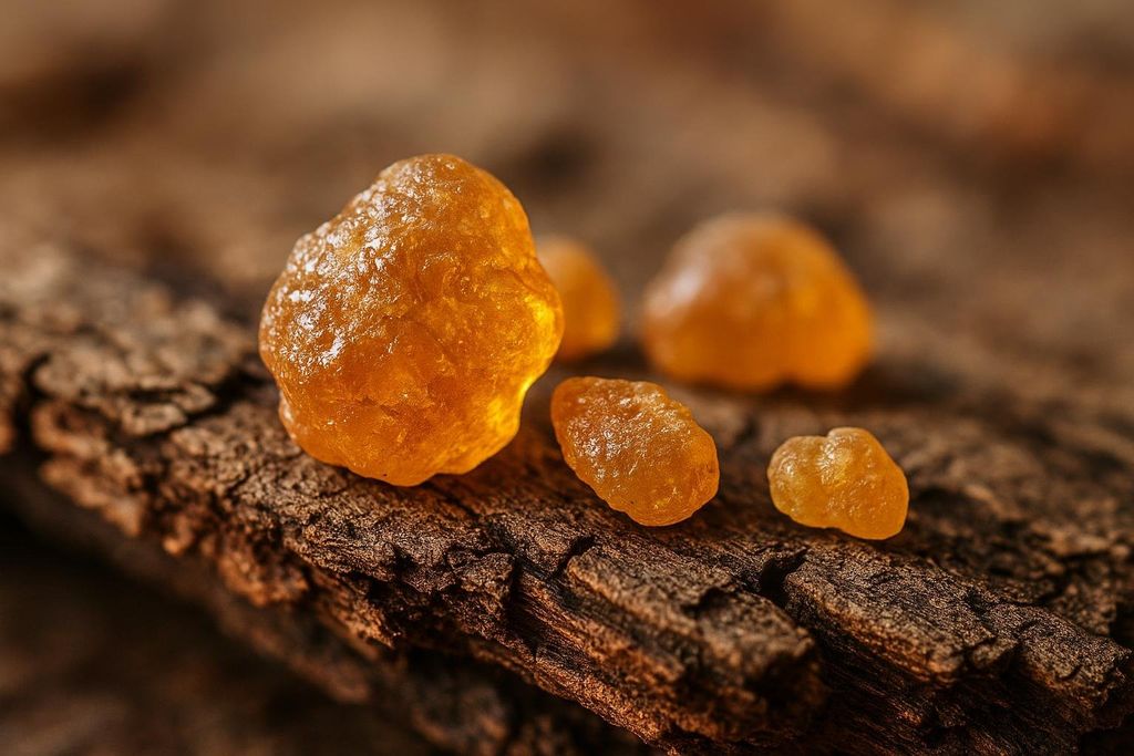 Close-up of several amber-colored Boswellia serrata resin pieces resting on a dark, textured piece of tree bark.