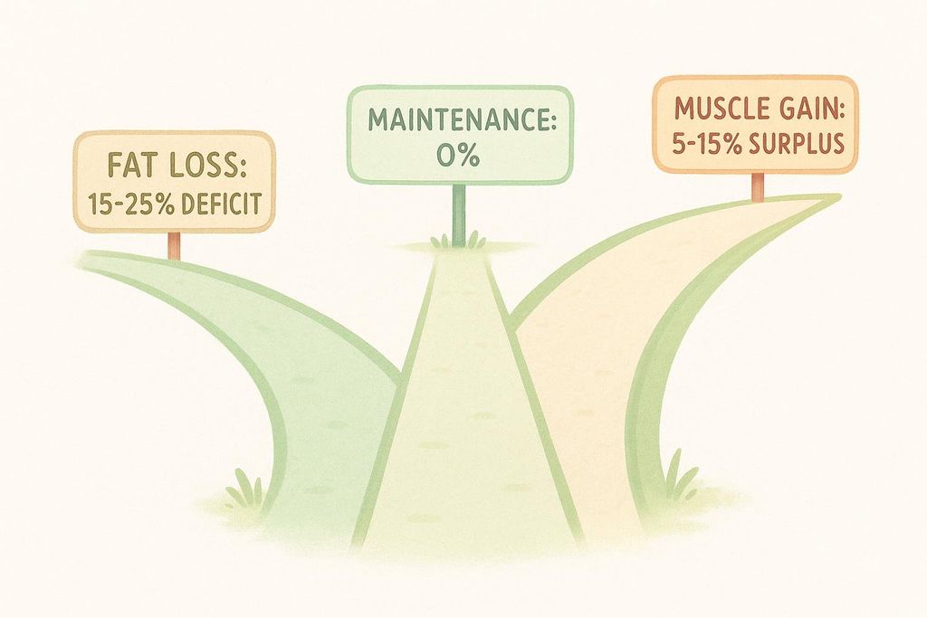 An illustration showing three paths for CICO (Calories In, Calories Out) goals. The path to the left, labeled 'Fat Loss: 15-25% Deficit', slopes downward. The middle path, labeled 'Maintenance: 0%', is level. The path to the right, labeled 'Muscle Gain: 5-15% Surplus', slopes upward.