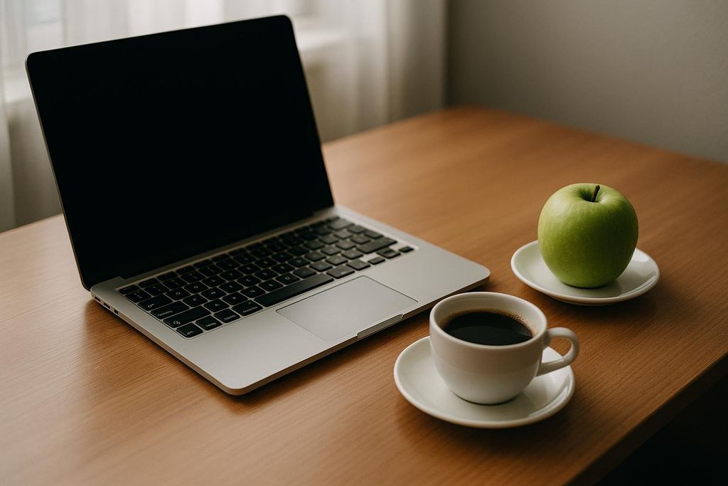 A laptop with a black screen, a white cup of coffee, and a green apple on a white saucer, all arranged on a wooden desk.