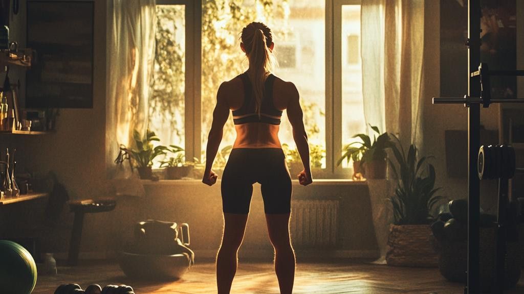 A woman faces a window in her home gym, with her back to the camera.