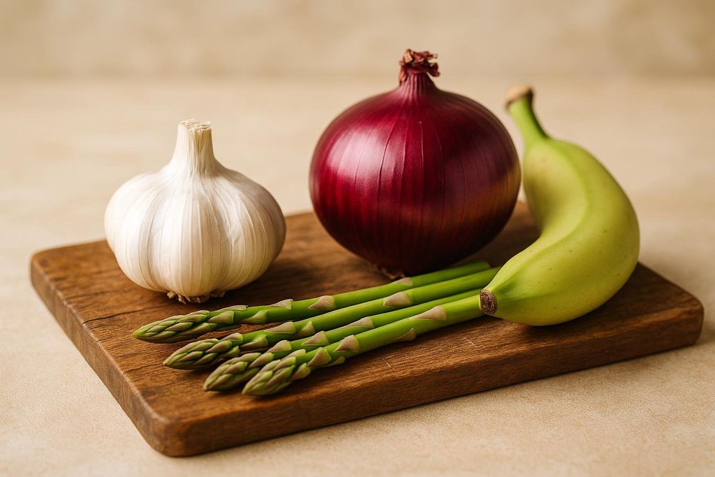 A close-up shot of a rustic wooden cutting board holding a white garlic bulb, a red onion, a handful of green asparagus spears, and a single green banana.