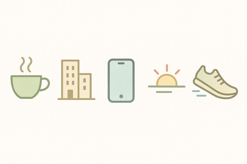 Five icons representing different post-meal walk routines: Coffee-Break Loop (coffee cup), Block-Around (buildings), Digest & Dial (smartphone), Sunset Stroll (setting sun), and Power-Walk (running shoe).