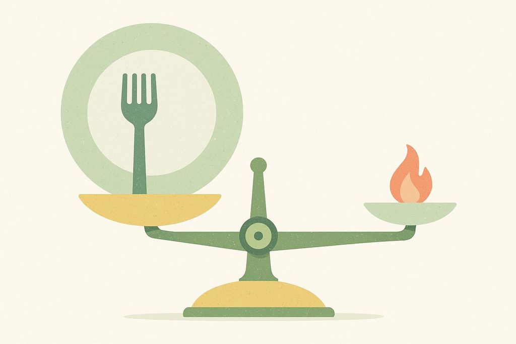 An illustration of a balance scale with a large plate and fork on the left, weighing down that side, and a small flame on the right, which is elevated. This depicts appetite having a greater impact than calorie burn.