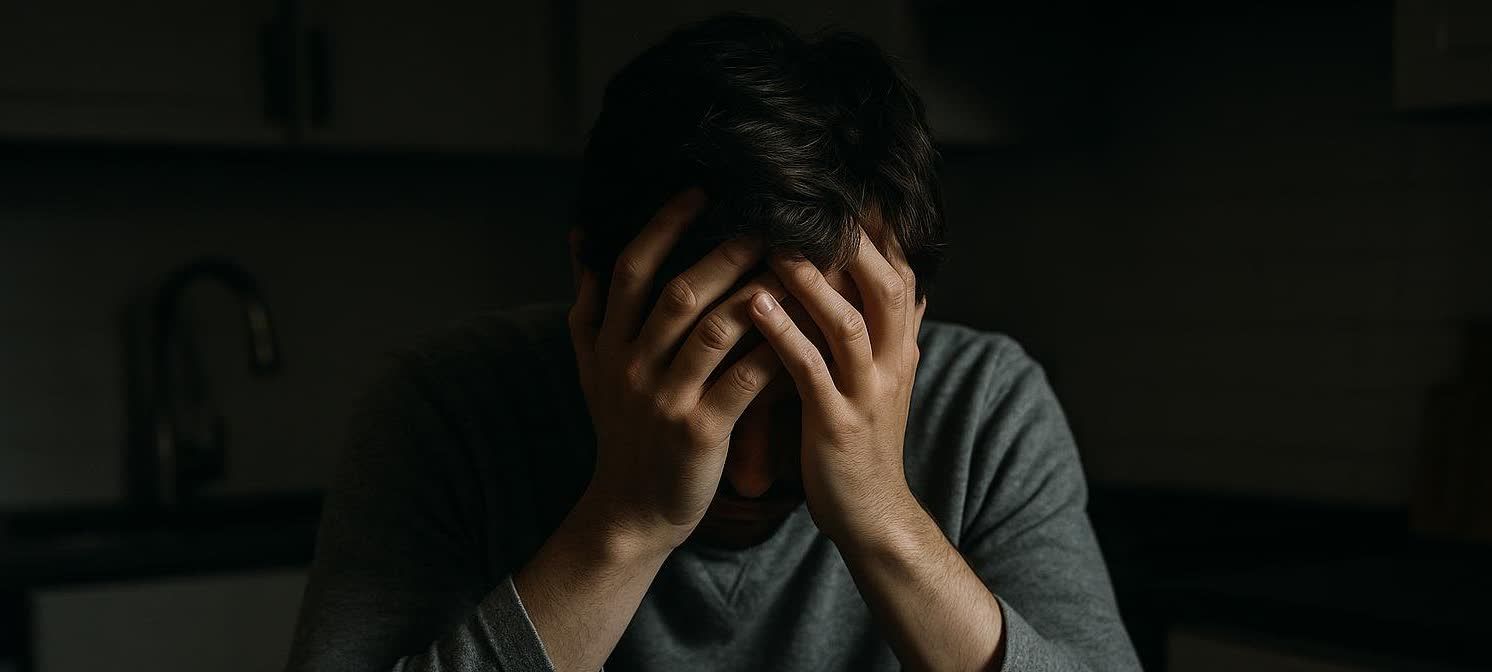 A person sits with their head in their hands, conveying deep stress or exhaustion. The lighting is dim, emphasizing a mood of sadness or despair.