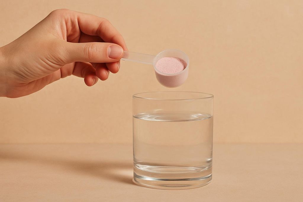 A hand holds a clear scoop with a half-measure of pink powder over a clear glass filled with water on a light brown background. The shallow scoop shows the exact amount of powder as if from a measuring device, emphasizing precise dosage.