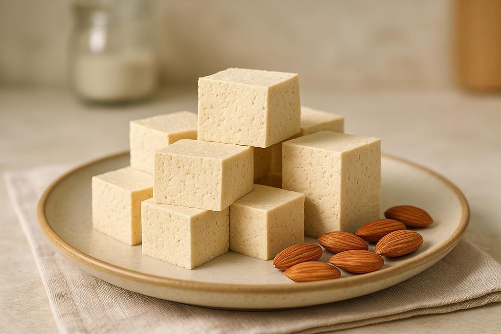 Cubes of firm tofu are arranged on a light-colored plate next to a small pile of whole almonds. These items represent non-dairy calcium sources.