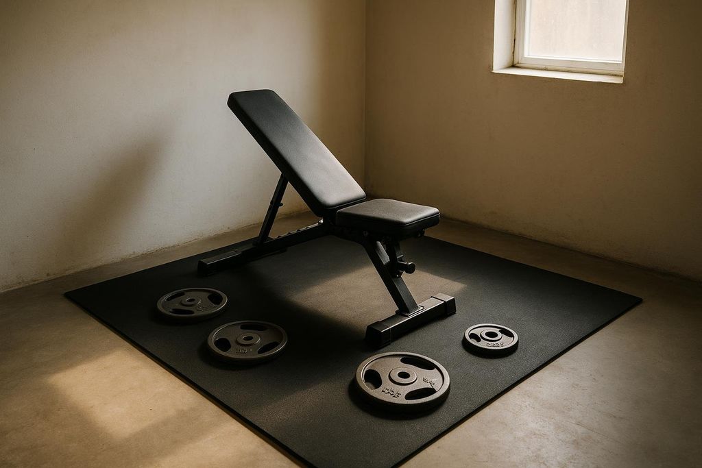 An adjustable black weight bench on a black mat in a home gym corner, with several scattered black weight plates on the mat. A small window is visible in the background.