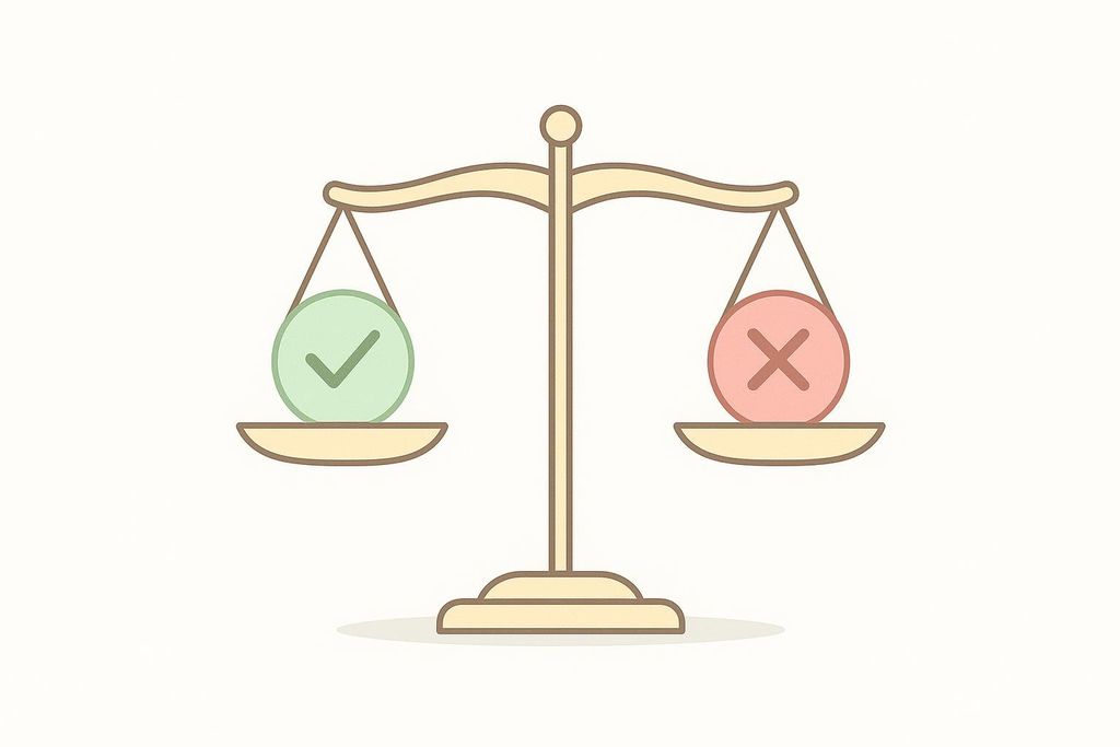 An icon of a perfectly balanced scale, with a green circle containing a white checkmark on the left and a red circle containing a white 'x' on the right, symbolizing the equality of pros and cons.