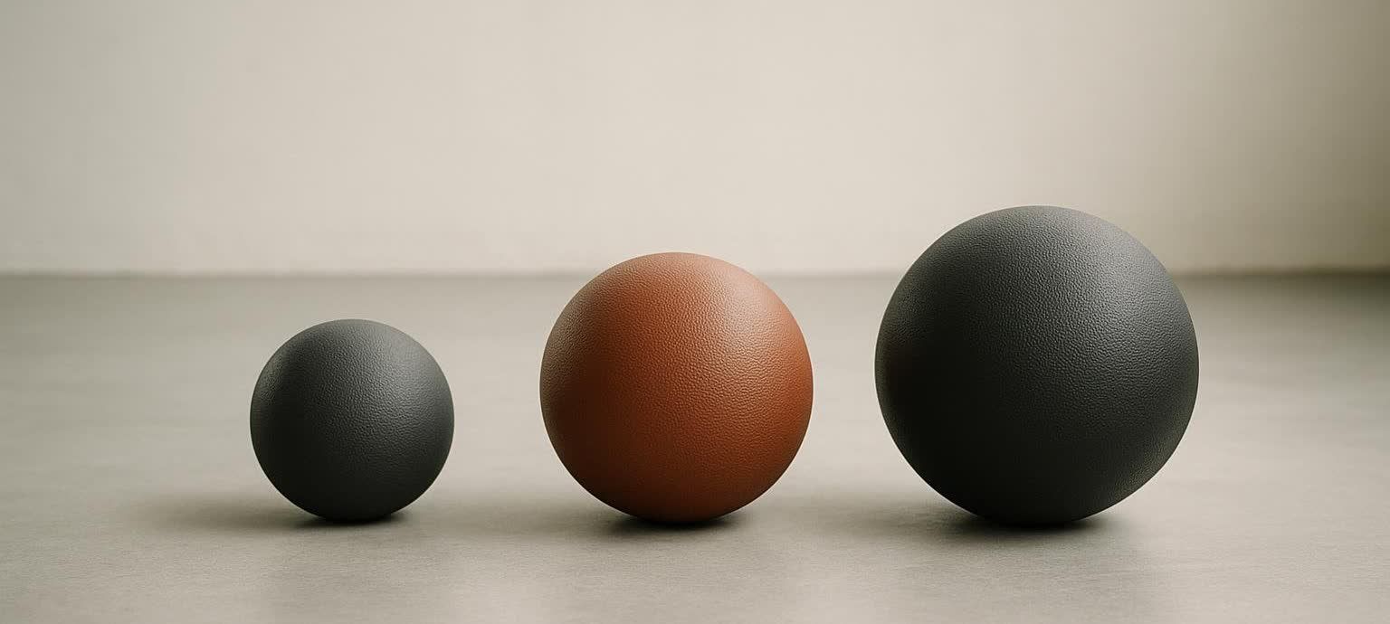 Three textured balls of varying sizes aligned left to right on a light gray surface, with an off-white background.
