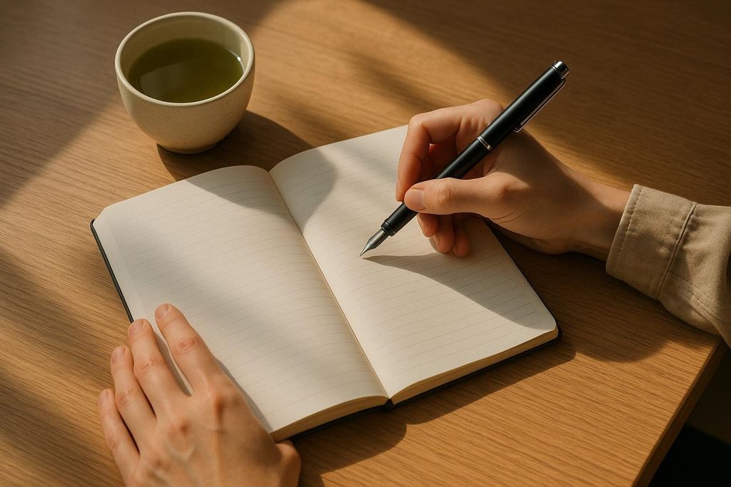 A person's hands are shown writing with a black fountain pen in an open, lined journal. A cup of green tea sits on the wooden table to the left, and sunlight casts shadows across the scene.