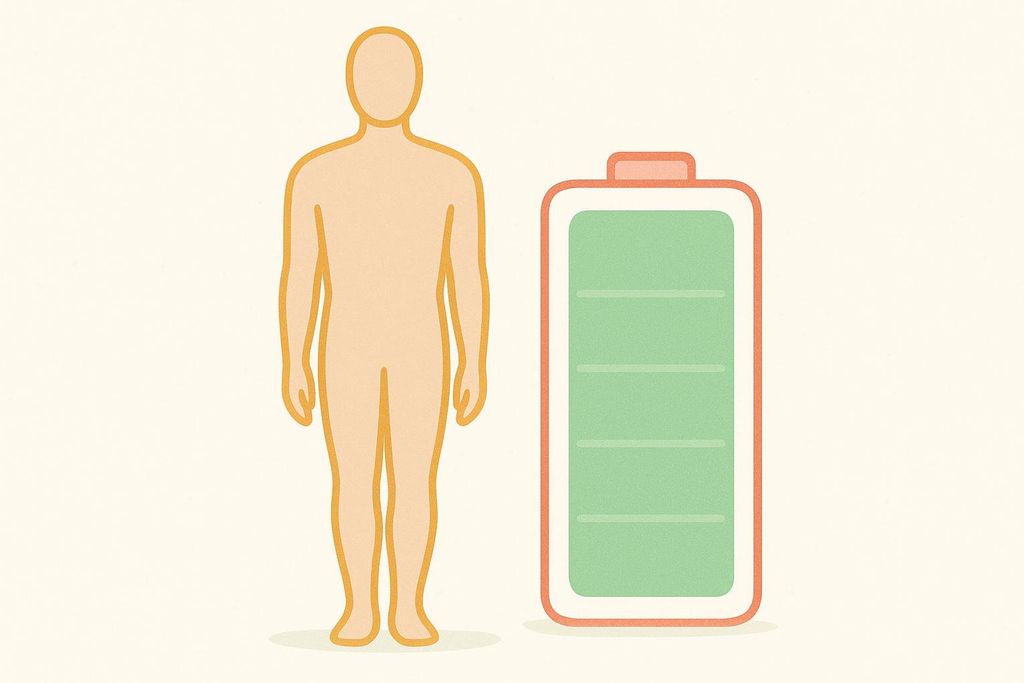 An illustration of a minimalist human body outline standing next to a battery icon that is almost completely full. The battery represents core endurance or energy.