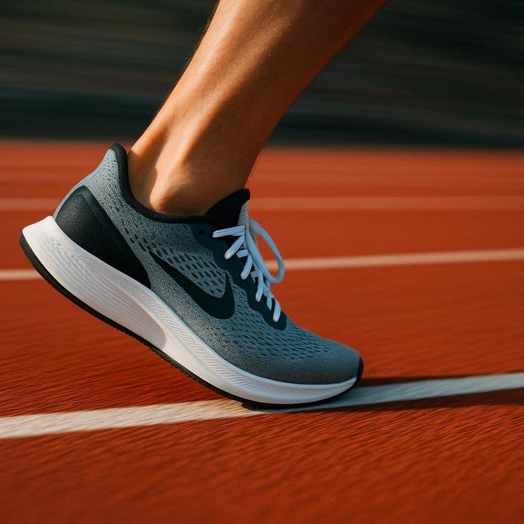 Close-up of a runner's foot wearing a grey and black Nike running shoe with white laces and sole, making contact with a red running track with a white line.