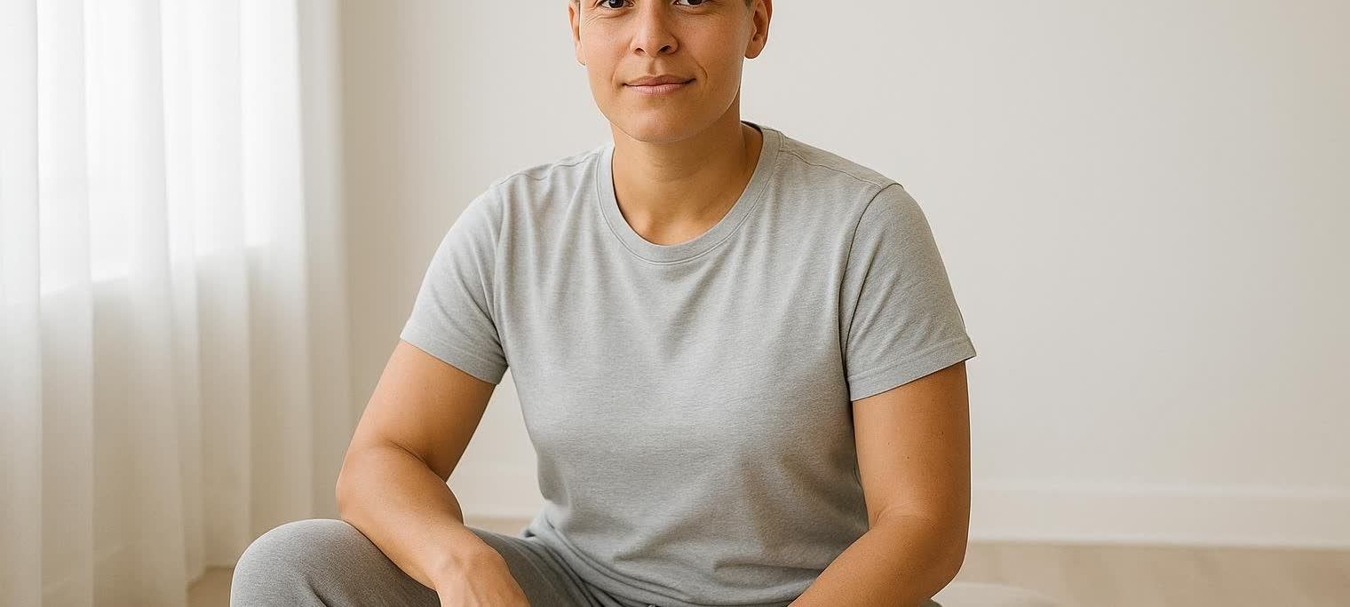 A calm and healthy-looking person, with short dark hair and wearing a grey t-shirt and grey sweatpants, standing in a brightly lit, minimalist room with a window behind them.