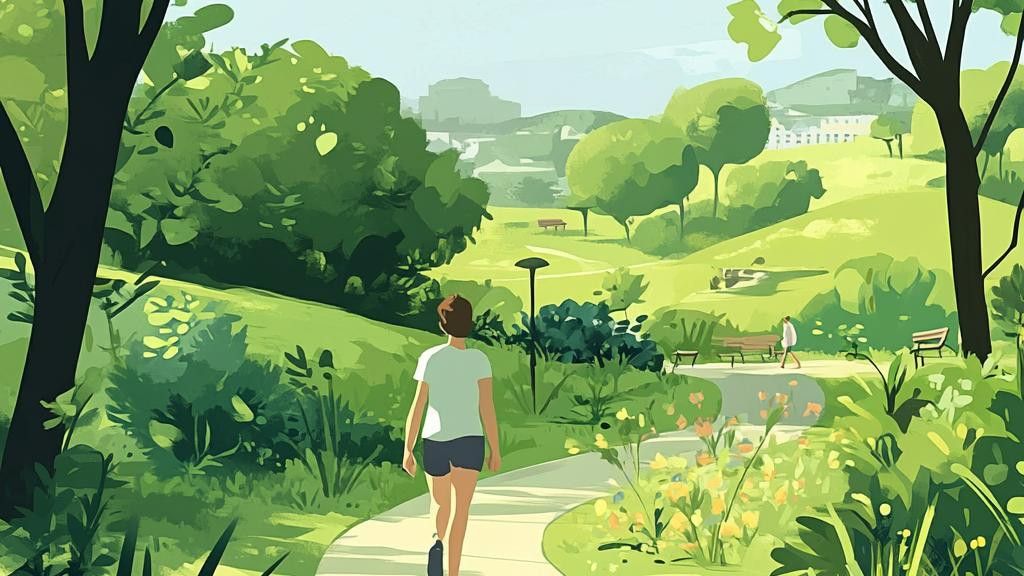 Illustration of a person walking on a path through a green park.