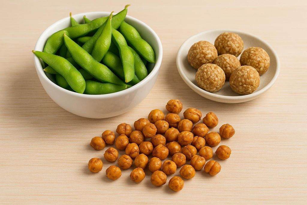 A white bowl filled with green edamame pods sits next to a pile of roasted chickpeas scattered on a light wooden surface. In the background, a small white plate holds several round, light-brown energy bites.