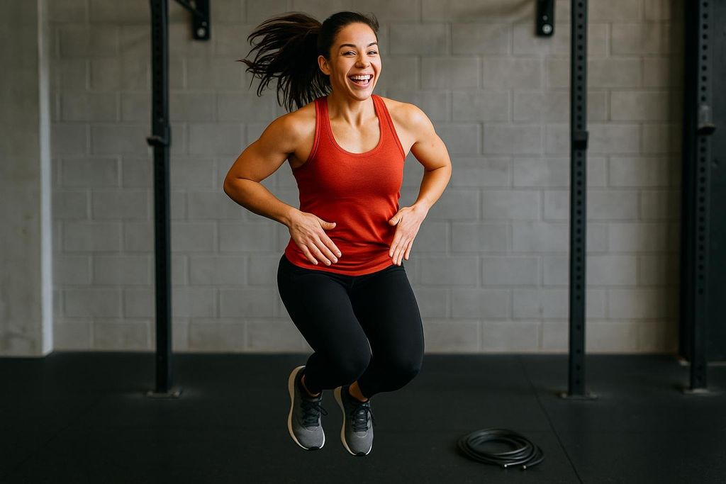 A smiling woman with dark hair in a ponytail, wearing a red tank top and black leggings, mid-air while performing penguin taps. Her hands are on her hips, mimicking the motion of a penguin. A jump rope lies coiled on the dark gym floor to her right. The background is a gray brick wall.