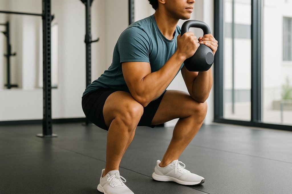 A person performing a goblet squat in a gym, an example of compound strength training for muscle retention.
