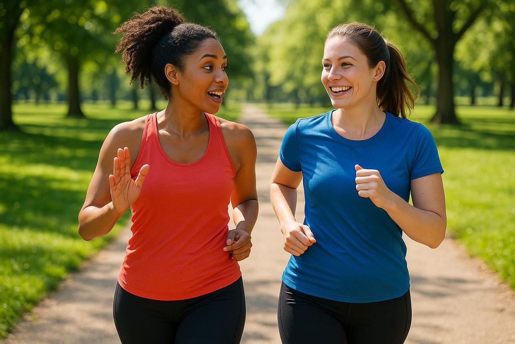 Two women, one in a red tank top and the other in a blue t-shirt, are running side-by-side on a path lined with trees. They are both smiling and talking to each other, demonstrating the Talk Test for measuring exercise intensity.