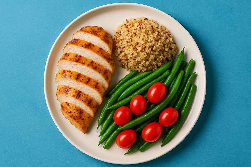 A white plate holds sliced grilled chicken breast, a serving of quinoa, green beans, and cherry tomatoes, arranged on a blue background.