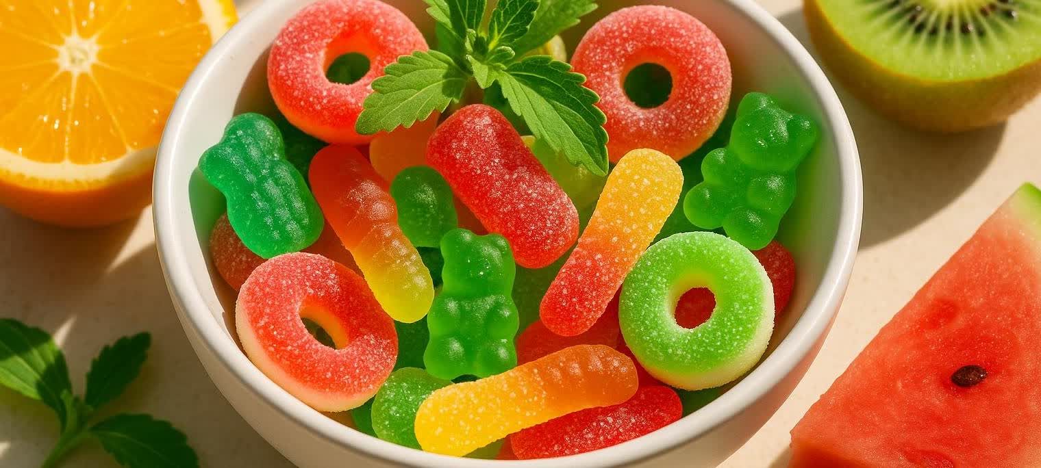 A bowl of colorful healthy gummy candies and fresh fruit slices on a table