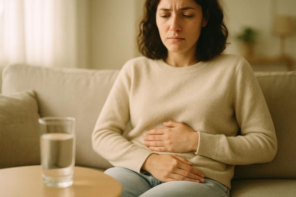 A woman with short, curly dark hair sits on a beige couch, holding her stomach with both hands and looking down with a pained expression. She appears to be experiencing stomach discomfort, possibly nausea. A glass of water is visible on a small round table next to her.