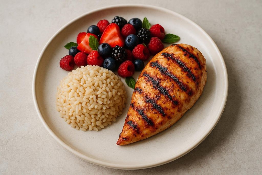 A healthy meal with a grilled chicken breast, a scoop of brown rice, and a mix of fresh berries including strawberries, blueberries, raspberries, and blackberries, garnished with mint leaves, all served on a light-colored plate.