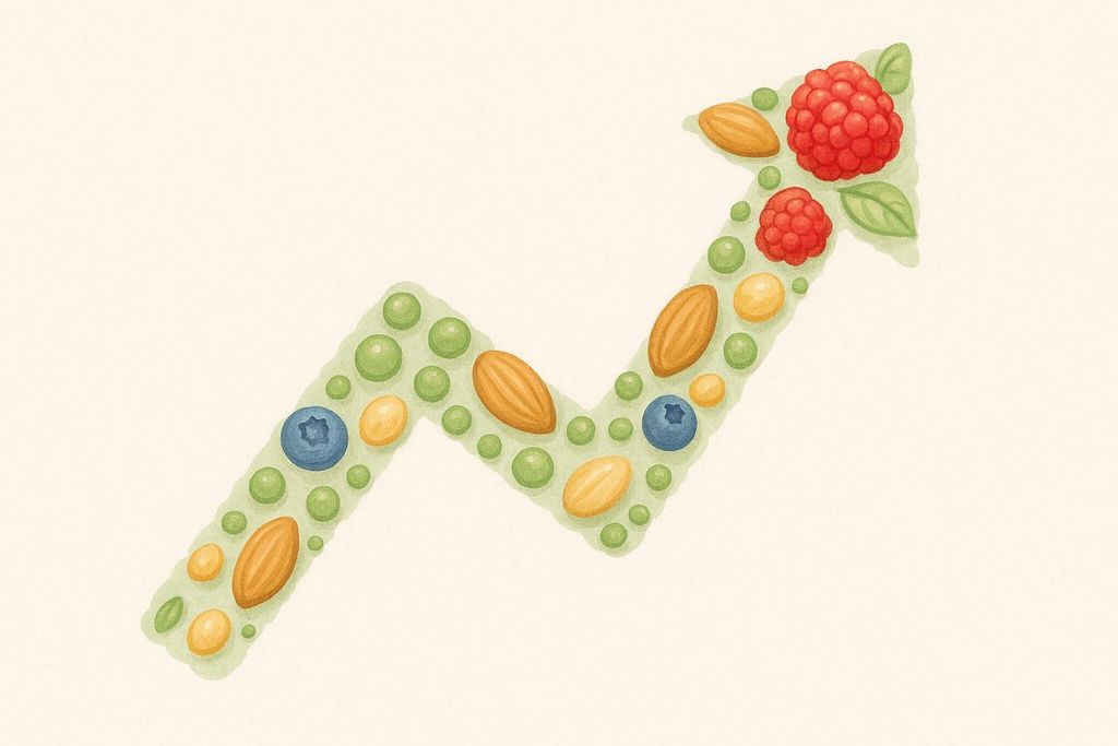 An arrow pointing upward is made of blueberries, raspberries, almonds, and other small fruits and nuts. The arrow represents progress or improvement.