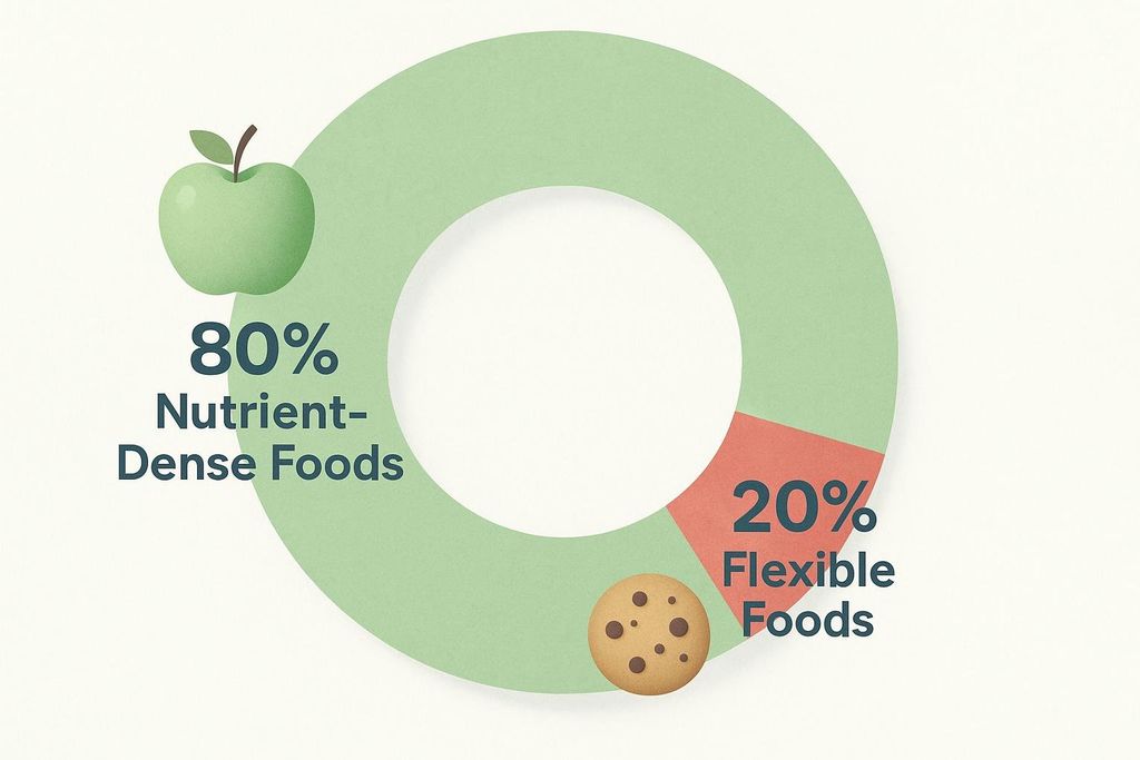 A donut chart illustrating the 80/20 nutrition rule. The large green section represents 80% nutrient-dense foods, with a graphic of an apple. The smaller red section represents 20% flexible foods, with a graphic of a chocolate chip cookie.